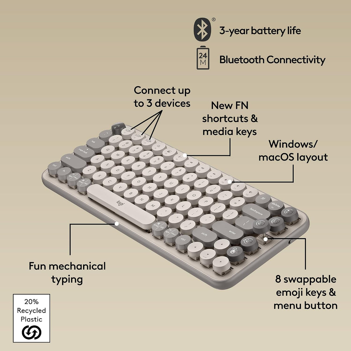 Logitech POP Keys Wireless Mechanical Keyboard with Emoji Keys - Mist
