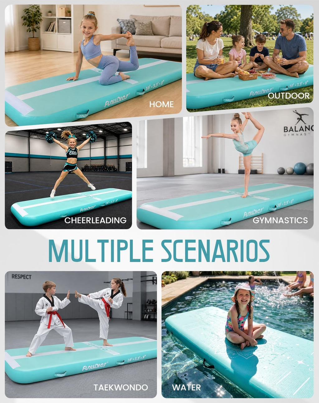 FunWater 10ft Inflatable Gymnastics Tumble Track Tumbling Mat 8in Thick Air Floor Tumble Track with Electric Pump for Cheer Leading/Gymnastics/Beach/Gym/Home