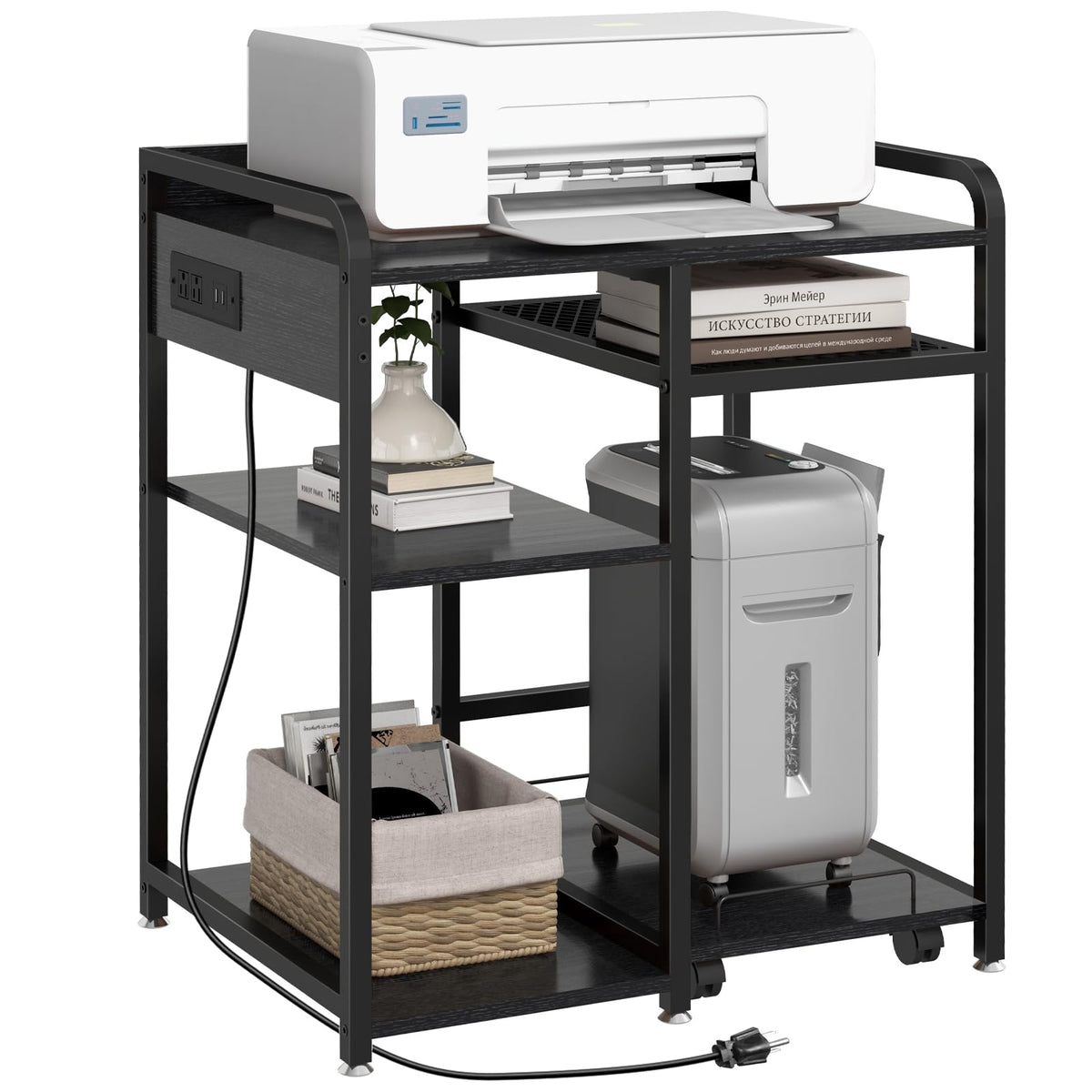 3-Tier Printer Stand with Storage Shelf and Power Outlet for Home Office