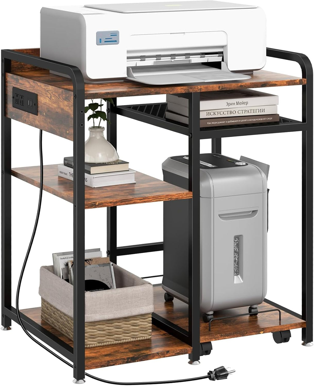 3-Tier Printer Stand with Storage Shelf and Power Outlet for Home Office
