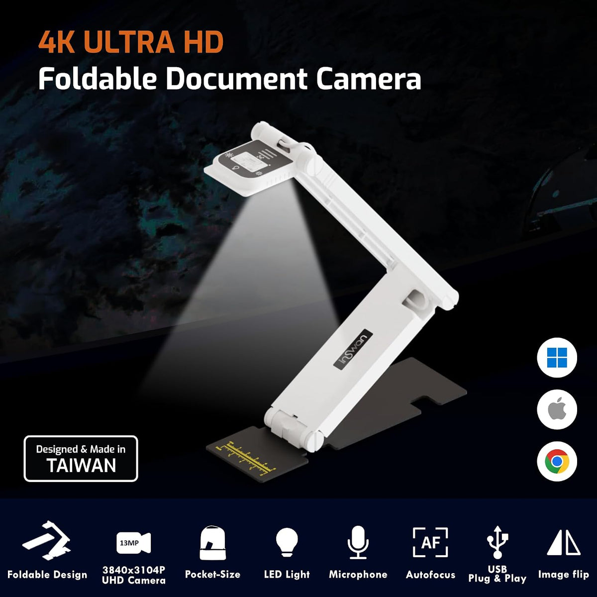 INSWAN INS-Flip 4 Foldable 4K 13MP Document Camera, LED, Mic,Light 0.67 lbs