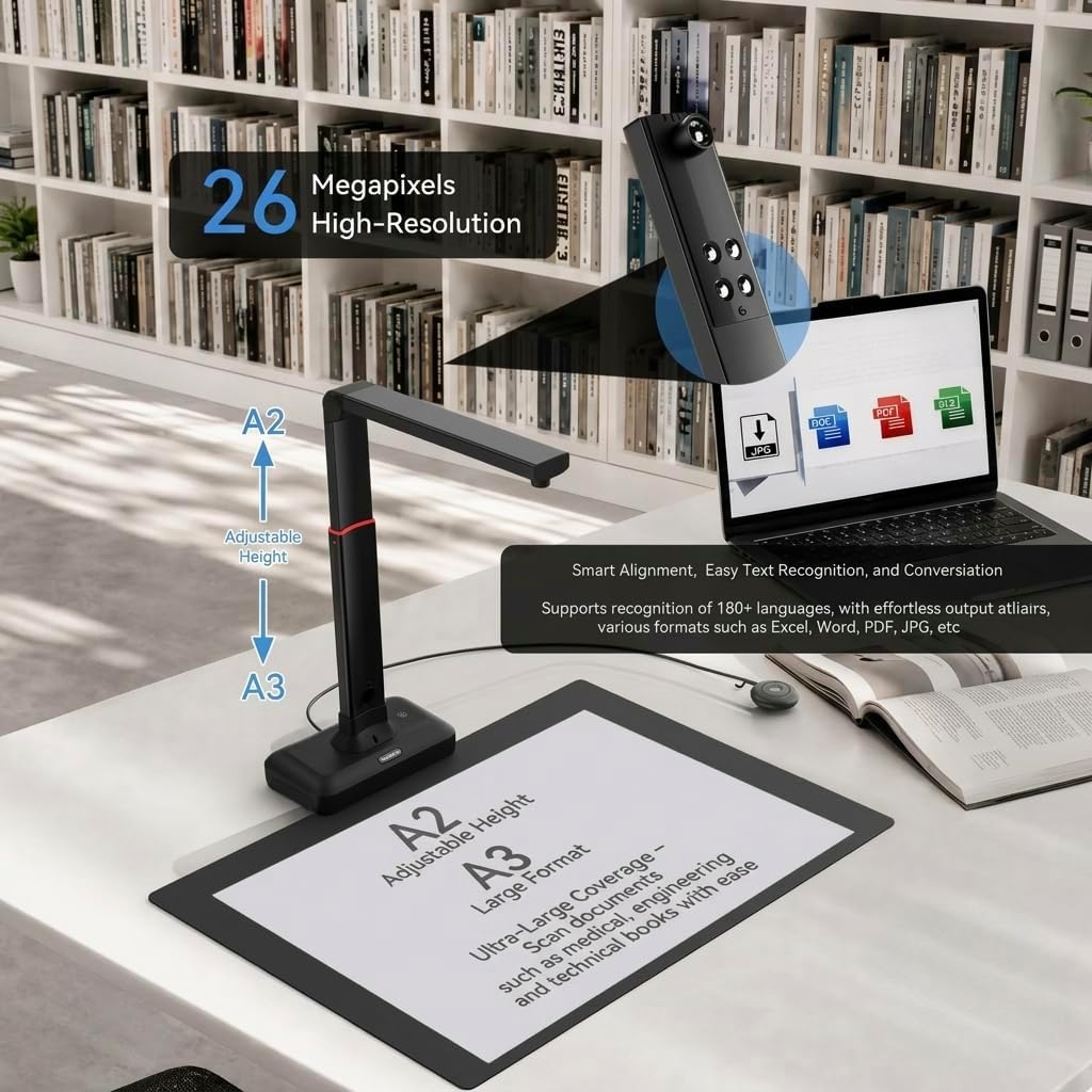 Book Scanner & Document Scanner, 26 MP Super Large Format A3-A2 Document Camera with Auto-Flatten & Fingerprint Removal, 600 DPI OCR, AI-Powered Gemini Integration, Lightweight Foldable, for Win/Mac