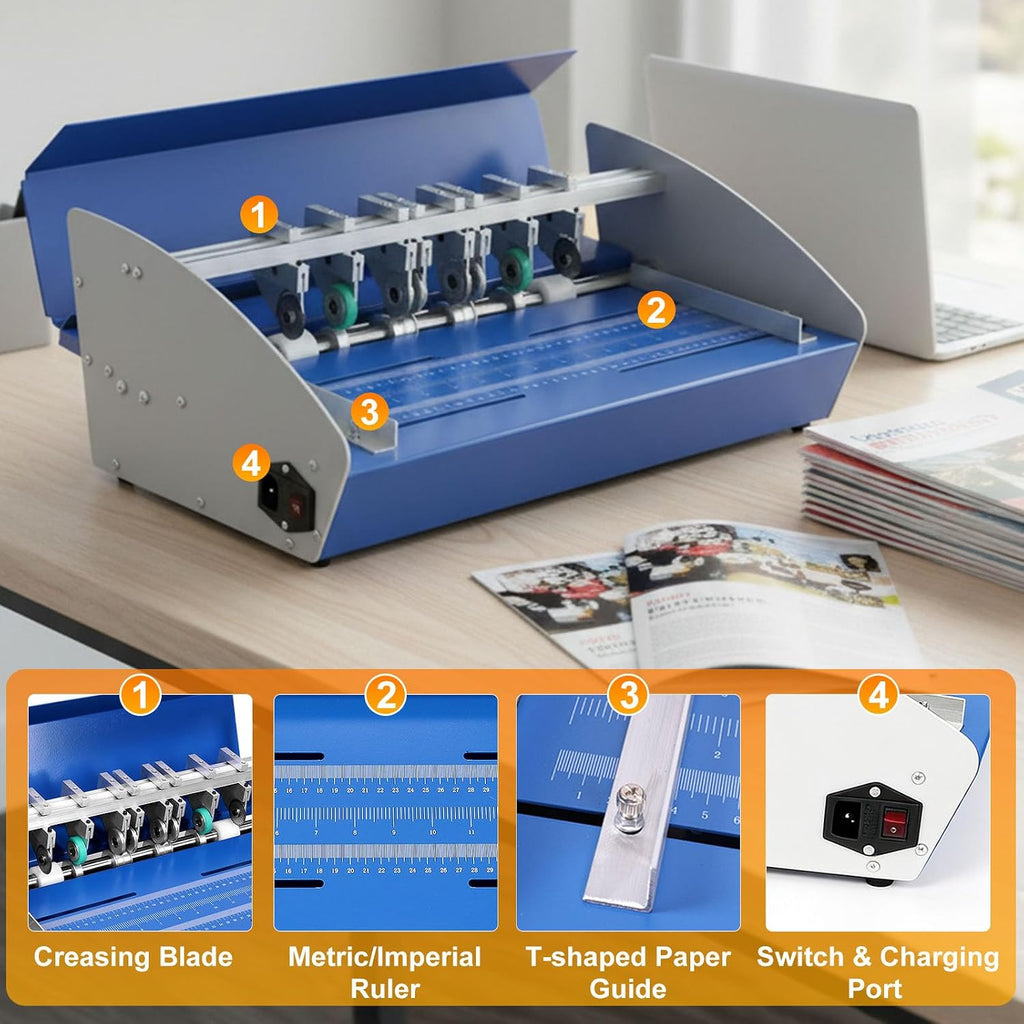 3-in-1 Electric Paper Creasing Machine, 460mm (18-Inch) Heavy Duty Metal Scorer Perforator with Scale Ruler, 110V Auto Folding Machine for Menus, Cards, Invitations and Documents