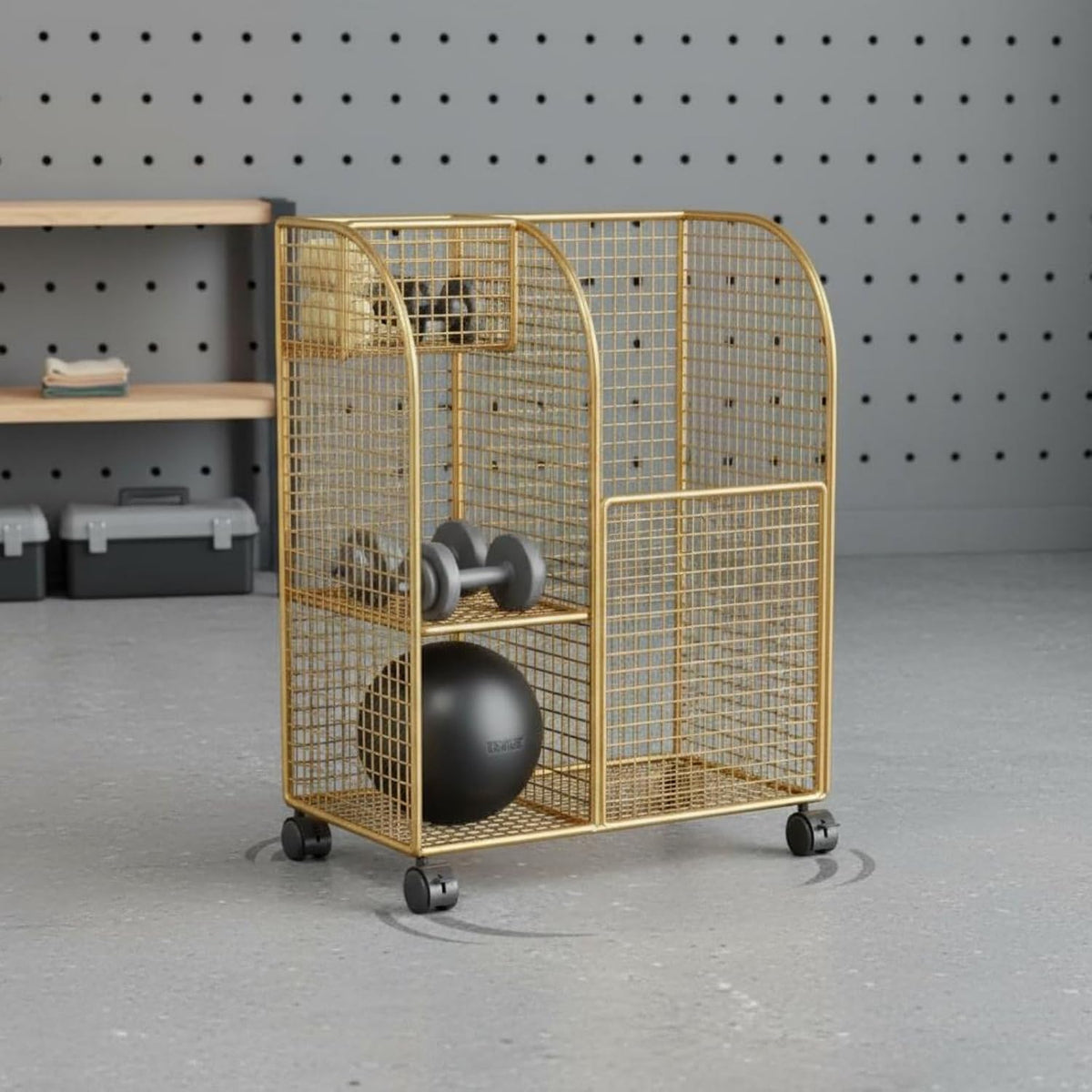 Mobile Basket Household Storage Cart Organizer Rack Mat Holder with Wheels Iron Mesh Dividers for Exercise Mats Foam Rollers Dumbbells Balls Suitable for Home Gyms Apartments Condos