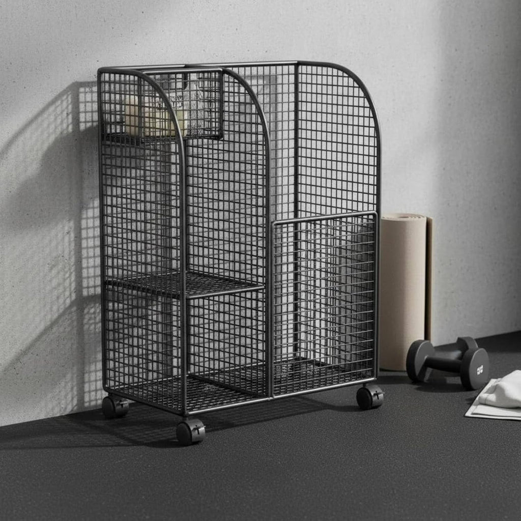 Mobile Basket Household Storage Cart Organizer Rack Mat Holder with Wheels Iron Mesh Dividers for Exercise Mats Foam Rollers Dumbbells Balls Suitable for Home Gyms Apartments Condos