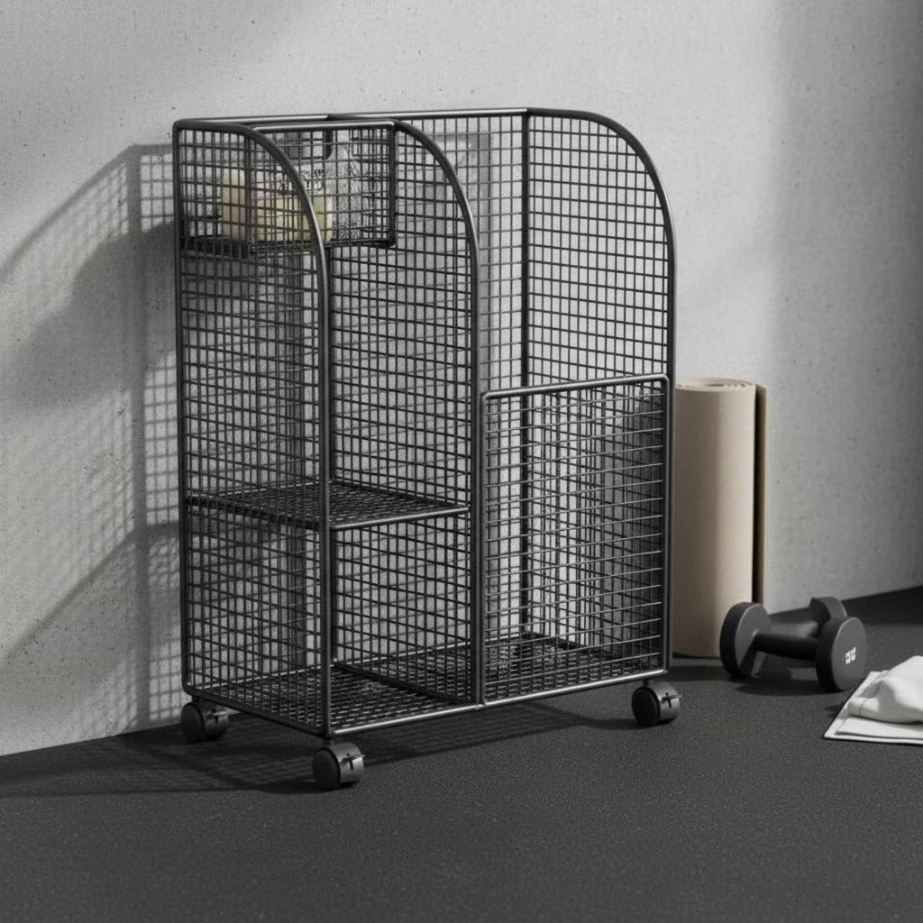 Mobile Basket Household Storage Cart Organizer Rack Mat Holder with Wheels Iron Mesh Dividers for Exercise Mats Foam Rollers Dumbbells Balls Suitable for Home Gyms Apartments Condos