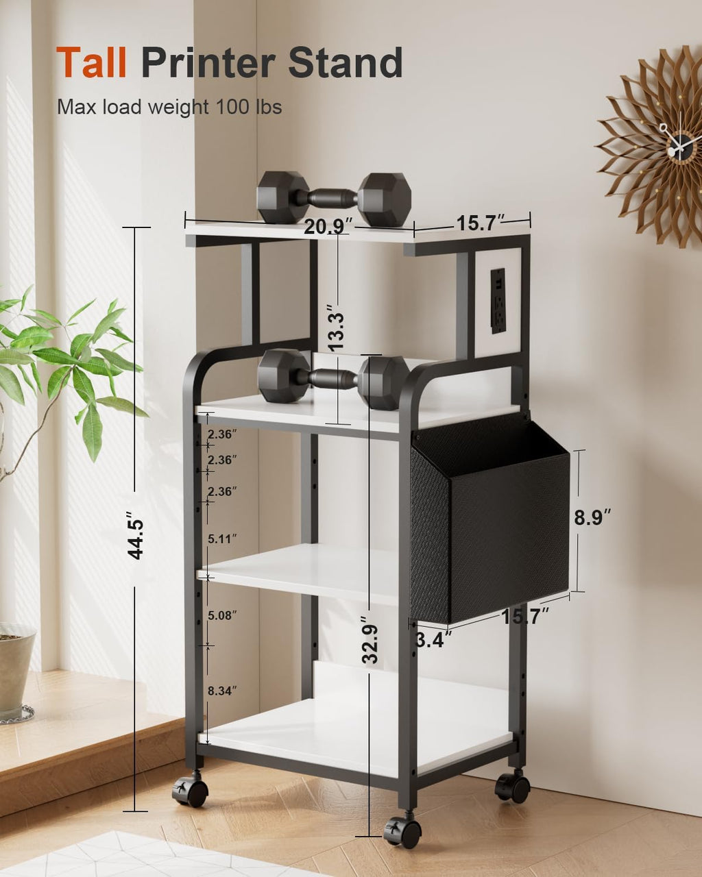 Tall Printer Stand with Charging Station, 4-Tier Mobile Cart, White