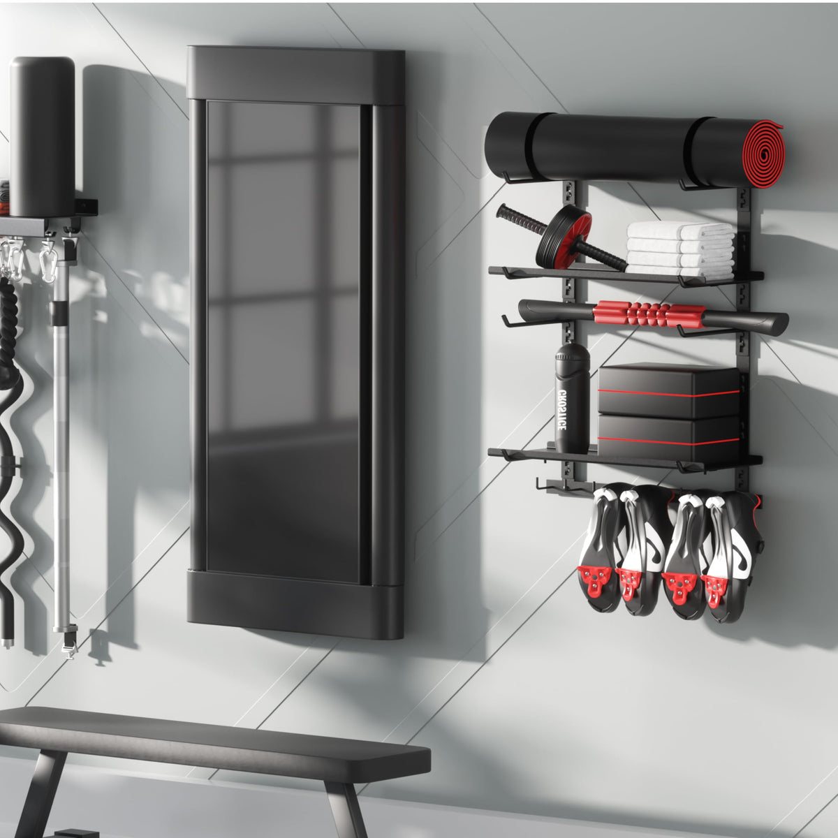 Home Gym Wall Storage Shelf, 1 Board & 4 Adjustable Holders Sets