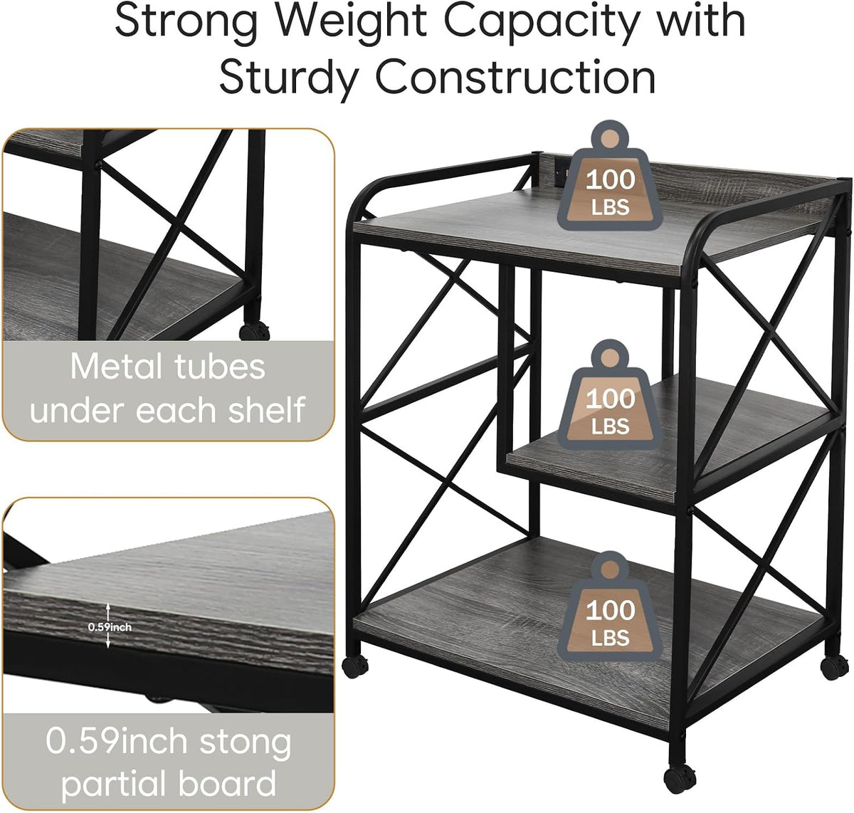 Printer Stand with Storage Shelf, Large Printer Table with Wheels for Home Office, 23 x 18 Inch Printer Shelf with Power Outlet USB Port, Computer Tower Stand, Grey