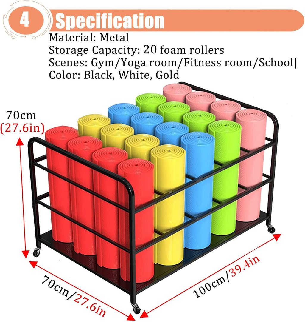 Yoga Mat Holder,Large Yoga Mat Storage Cart On Wheels, Metal Holder for 20 Exercise Mats, Foam Rollers Organizer, Perfect for Gym & Yoga Studio - Black Finish,Black