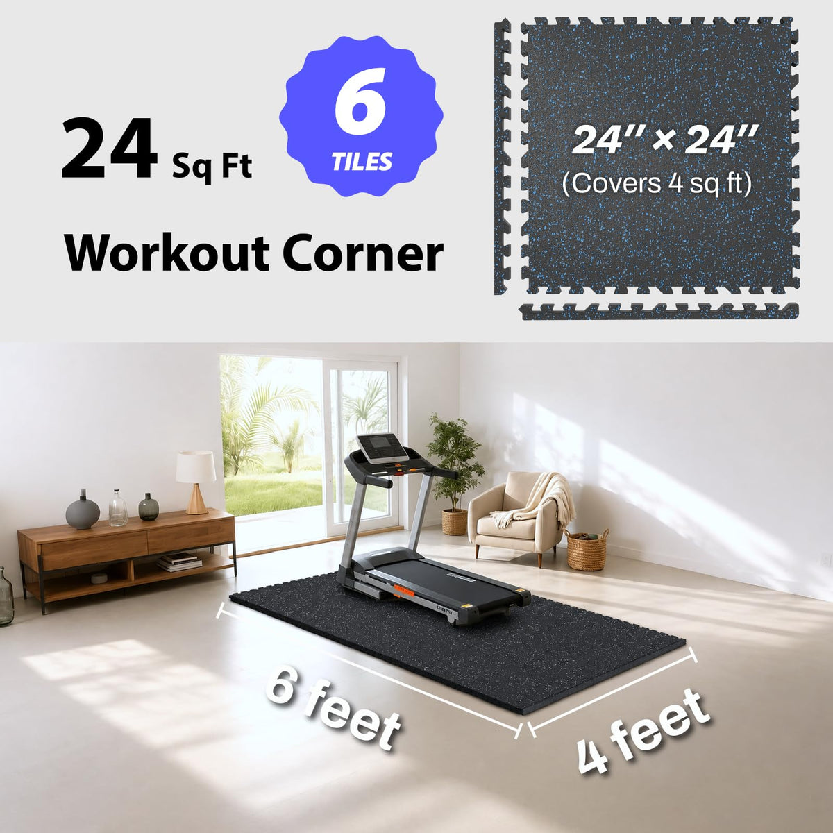 AIRHOP 1'' Ultra-Thick 48 Sq Ft Rubber Top Gym Flooring for Home Gym, 12 Tiles High Density EVA Foam Exercise Mats, Interlocking Puzzle Mats for Home Workout, Floor & Equipment Protection, Black/White