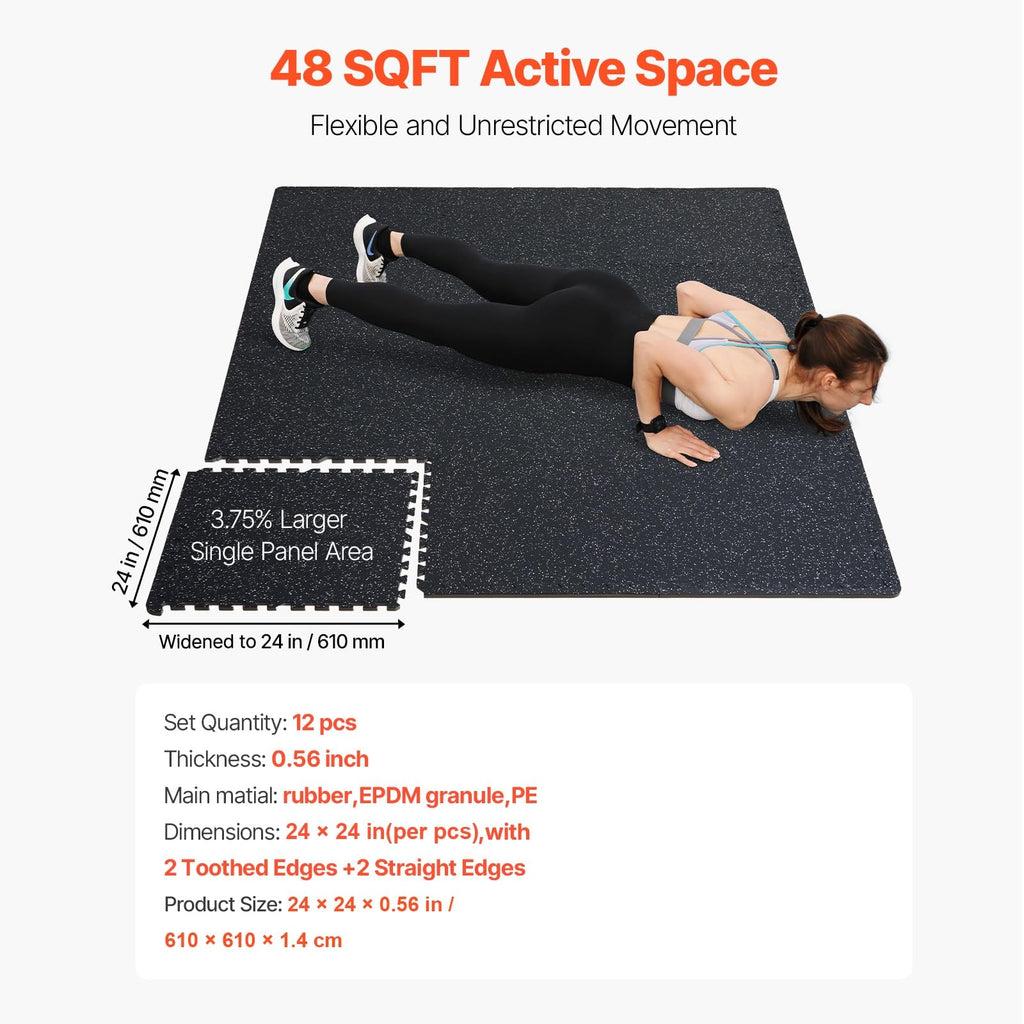 VEVOR 0.56Inch 48sq.ft 12 Tiles Gym Flooring for Home Gym, Rubber Top with High Density EVA Foam, 25 x 25In Gym Floor Exercise Equipment Mats, Interlocking Gym Mats, Puzzle Workout Mats, Black & Gray