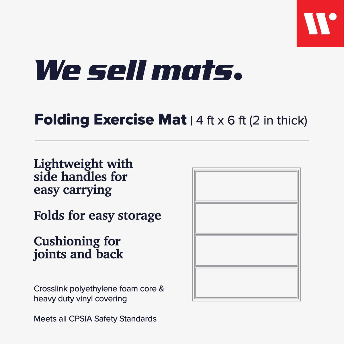 We Sell Mats - 4 ft x 6 ft x 2 - Personal Fitness & Exercise Mat for Home Workout - Lightweight and Folds for Carrying â All Purpose Gym Mat â Thick Mat for Yoga, Pilates, Stretches, Floor Exercises
