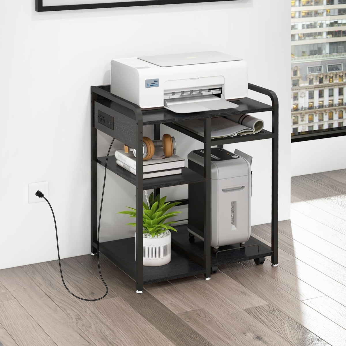 3-Tier Printer Stand with Storage Shelf and Power Outlet for Home Office