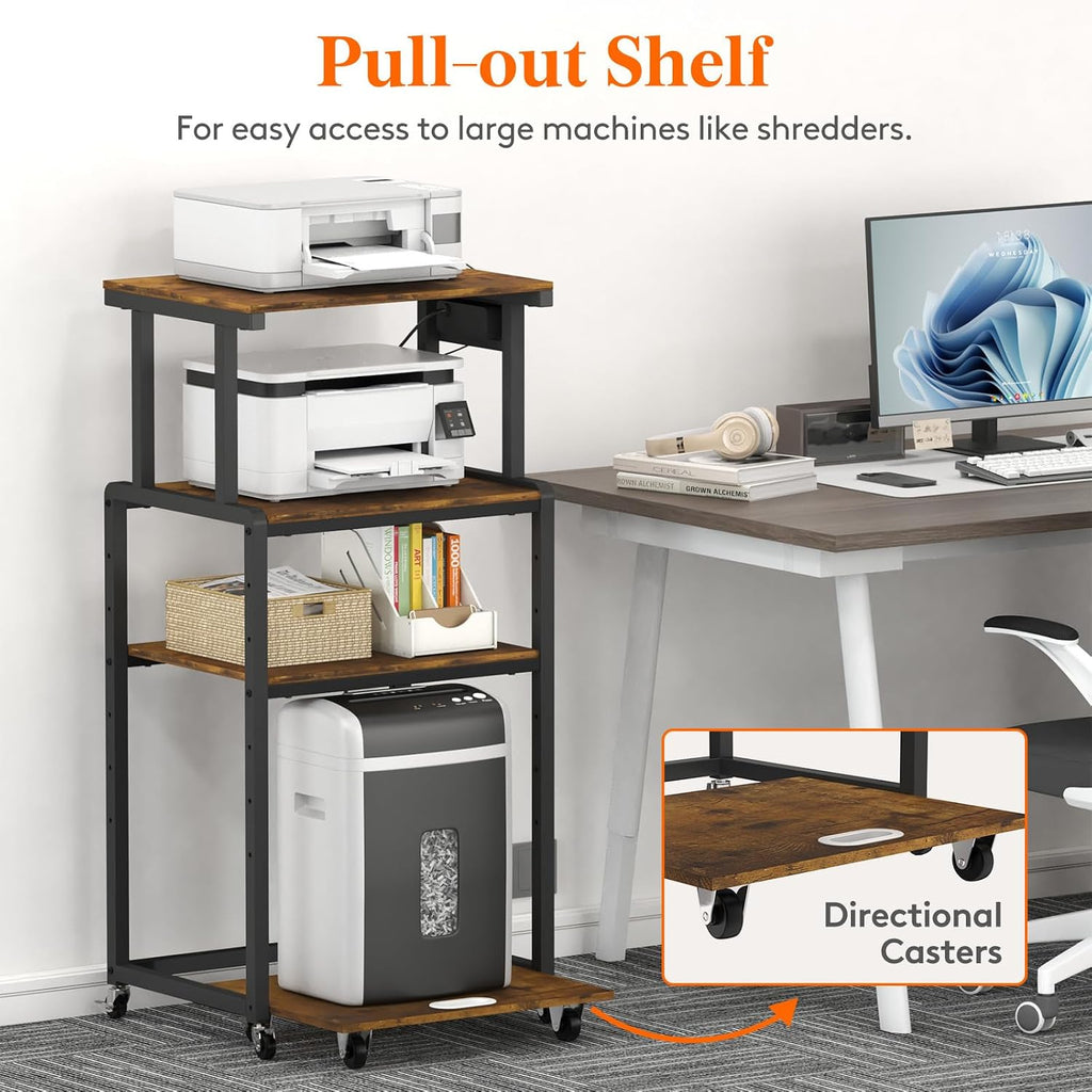 Lifewit 4 Tier Printer Stand with Power & Wheels, Office Cart, Rustic Brown