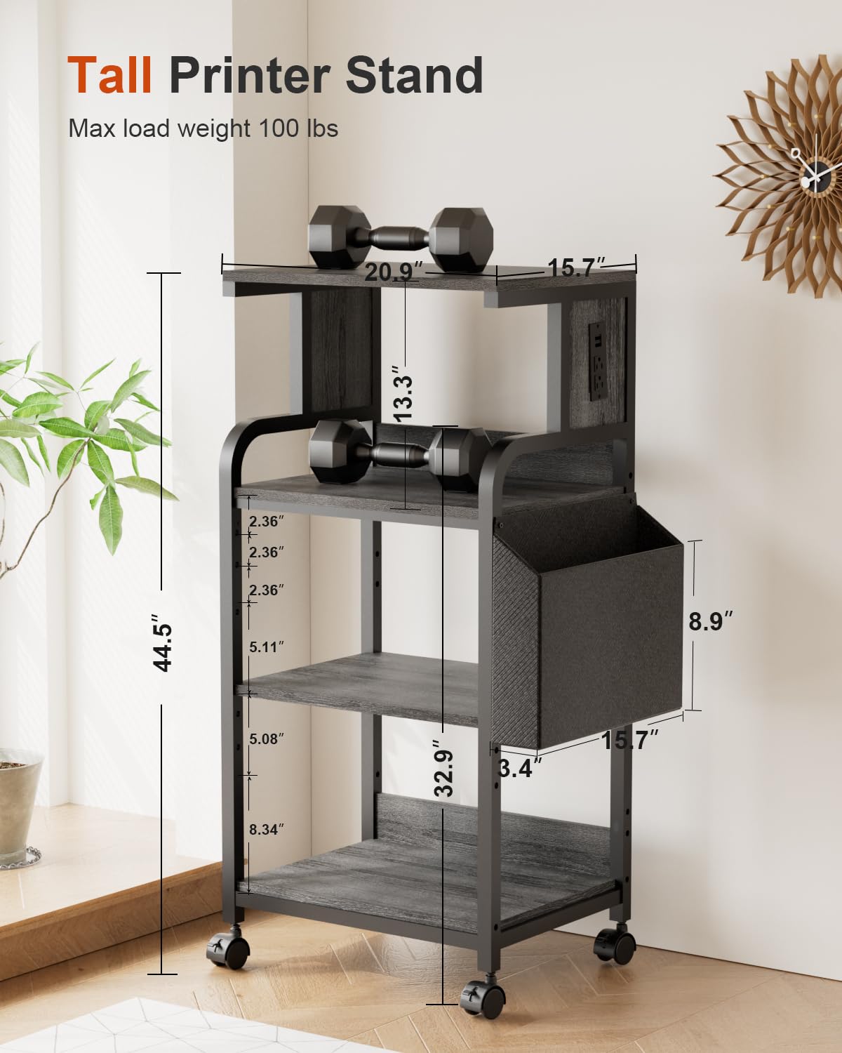 Tall Printer Stand with Charging Station, 4-Tier Mobile Cart, White