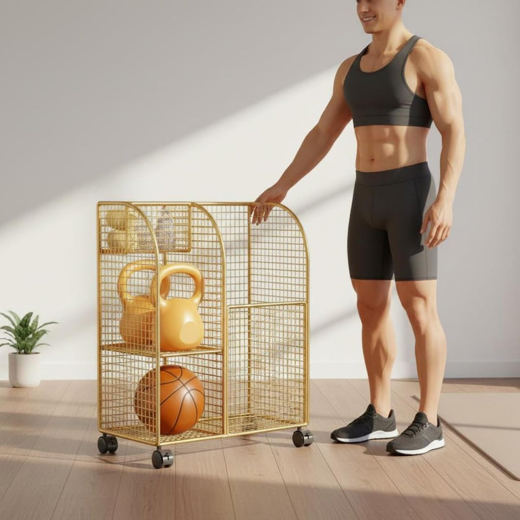 Mobile Basket Household Storage Cart Organizer Rack Mat Holder with Wheels Iron Mesh Dividers for Exercise Mats Foam Rollers Dumbbells Balls Suitable for Home Gyms Apartments Condos
