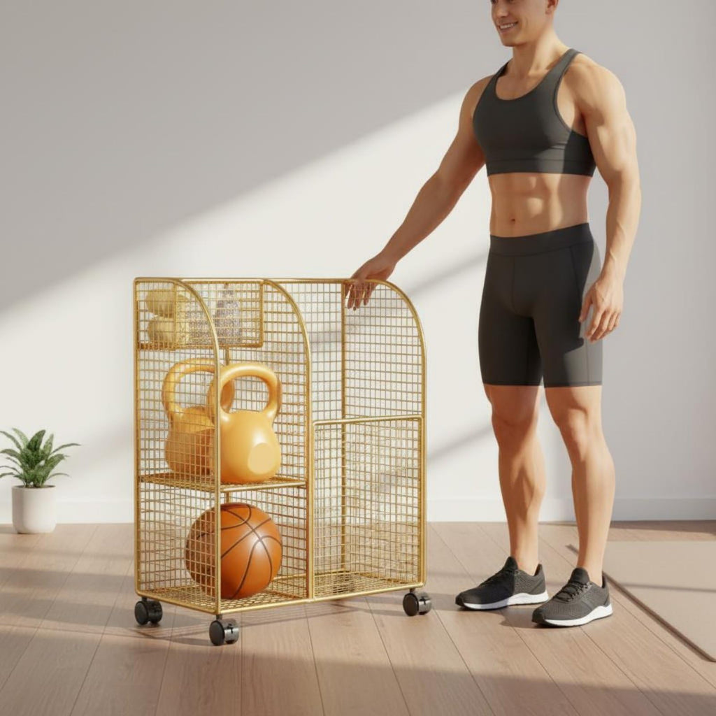 Mobile Basket Household Storage Cart Organizer Rack Mat Holder with Wheels Iron Mesh Dividers for Exercise Mats Foam Rollers Dumbbells Balls Suitable for Home Gyms Apartments Condos