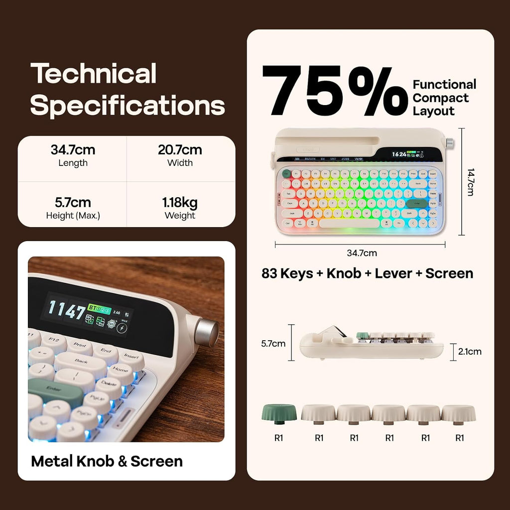 EPOMAKER Glyph Wireless Typewriter Retro Mechanical Keyboard, Screen & Knob & Lever, Wrist Rest, Round PBT Keycap, Hot Swap, RGB, Custom Software, Top-Mount, 75% Creamy Keyboard for PC/MAC