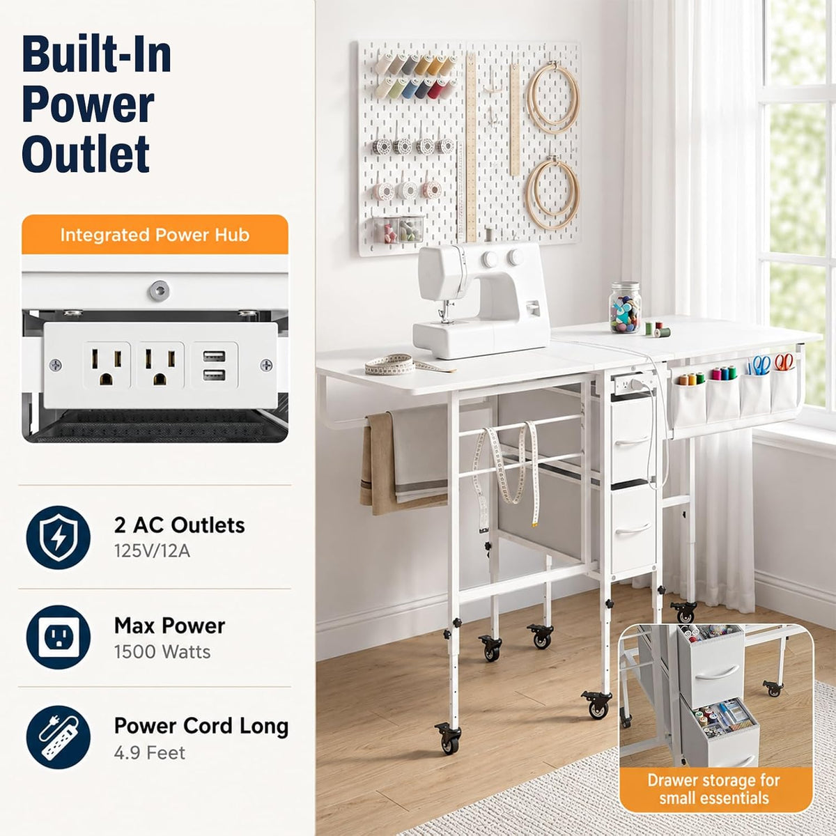 Furnaza 56.7" Foldable Wheeled Sewing Craft Table with Charging Station