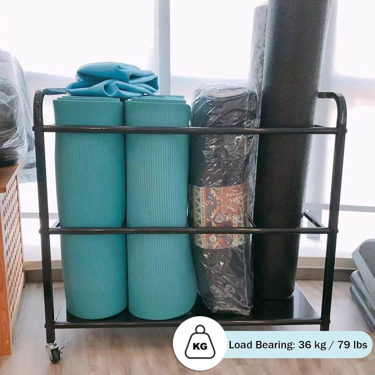 Home Gym Yoga Mat Rack - Rolling Foam Roller Storage Cart with Lockable Wheels, Metal Stand for Exercise Mats & Runner Rugs, Black, 31.5"X19.6"X27.5",Black,31.5x19.6x27.5in