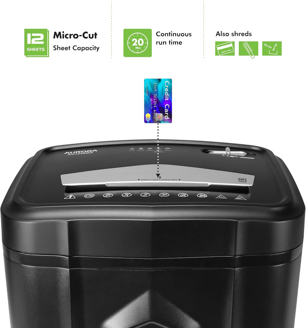 Aurora AU1235MA Professional Grade 12-Sheet High Security Micro-Cut Paper and Credit Card Shredder/ 20 Minutes Run/Security Level P-5