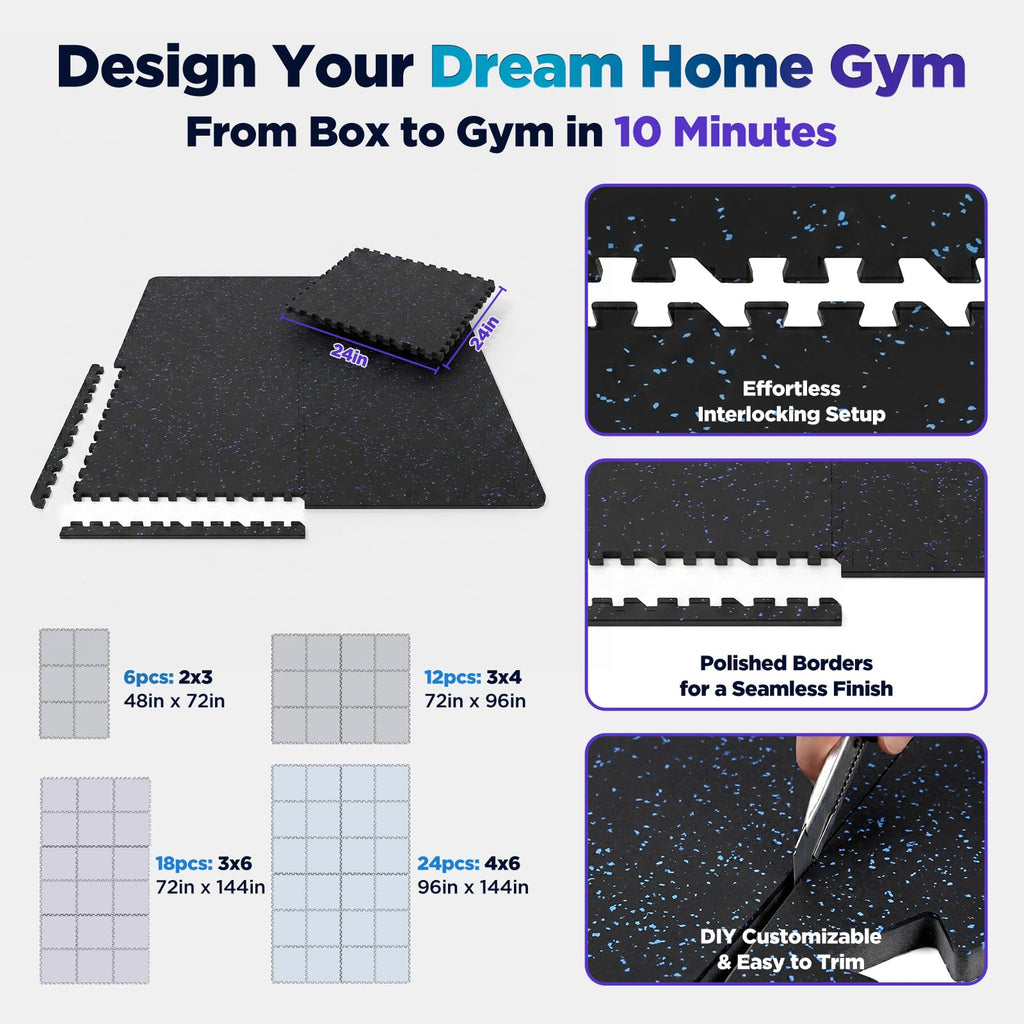 1'' Thick 48 Sq Ft Protective Gym Flooring for Home Gym, 12 Tiles Extra-Thick Rubber Top with High Density EVA Foam, Interlocking Exercise Equipment Mats, Heavy Weight Workout, Black & White