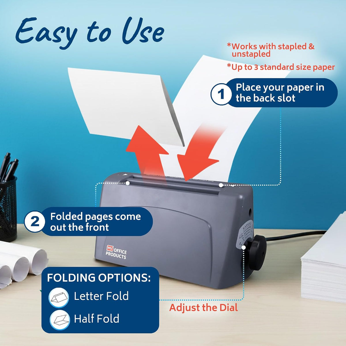 Martin Yale P6500 Paper Folding Machine for Letter Size Paper, Manual Feed Automatic Operation, Desktop Letter Folding Machine with Tri Fold and Half Fold, Handles Up to 1,800 Sheets Per Hour
