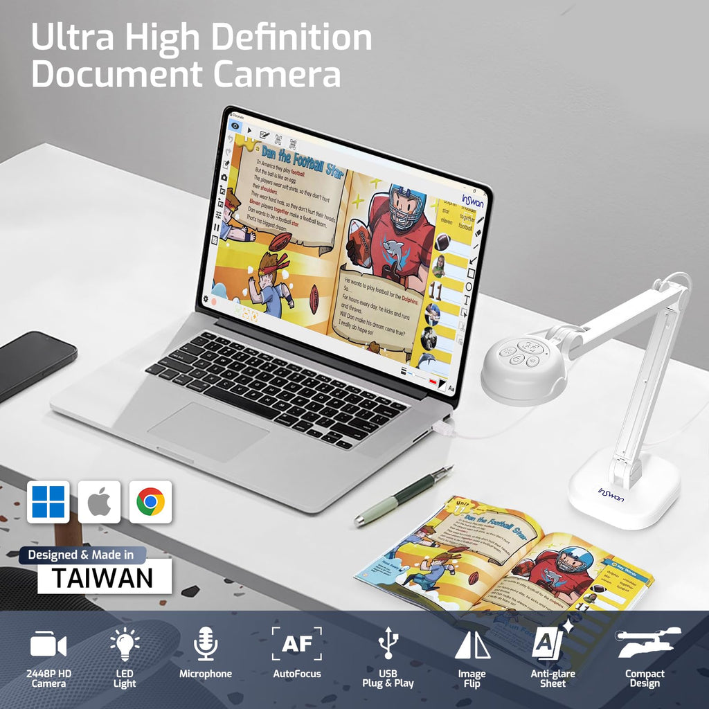 INSWAN INS-Flip 4 Foldable 4K 13MP Document Camera, LED, Mic,Light 0.67 lbs
