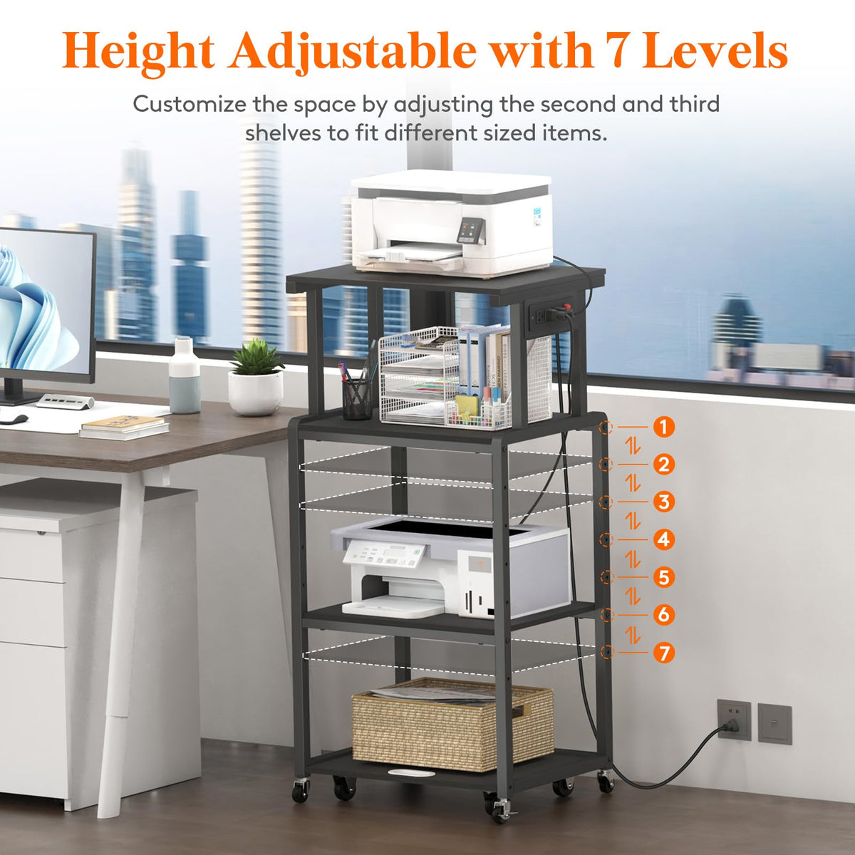 Lifewit 4 Tier Printer Stand with Power & Wheels, Office Cart, Rustic Brown