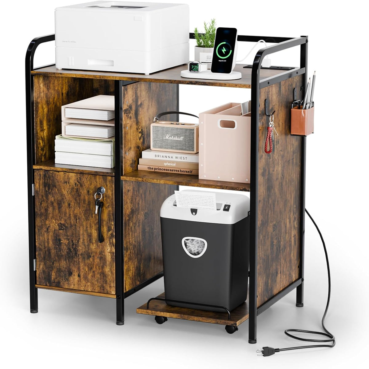 VINGLI Multifunctional Printer Stand with Trolley, Paper Shredder Stand Rack with Wheels, Lateral Office Storage Cabinets with Socket and USB Charging Port, Open Shelves for Home Office, Rustic Brown