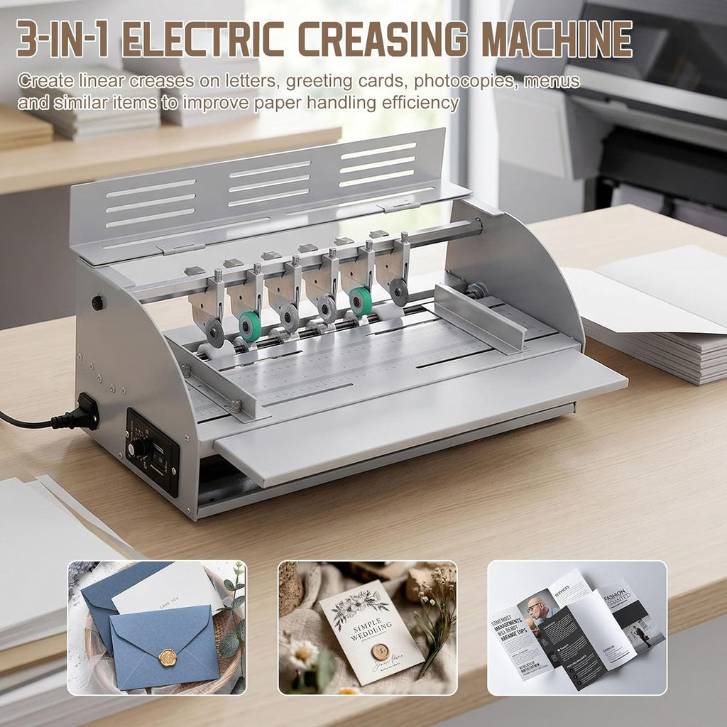 3-in-1 Electric Paper Creasing Machine with 0-100r/min Adjustable Speed, 18 Inch 460mm Paper Scorer Perforator Cutter Folding Machine for Invitations Tickets Cards Photos Documents, 110V