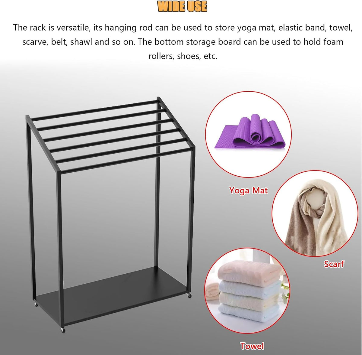 Aimery Yoga Mat Holder with Wheels, Metal Yoga Mat Storage Cart, Floor-Standing Yoga Mat Rack, Gym Mat Rack, Movable Towel Drying Rack, Scarf Display Rack