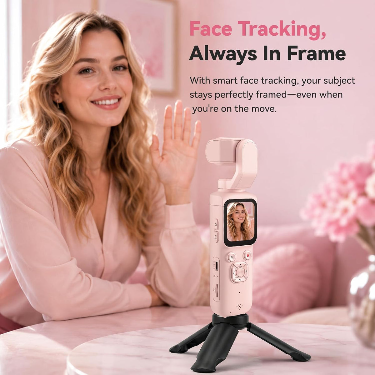 4K Pocket Vlogging Camera with 330Â° Rotating Lens, Face Tracking - Pink