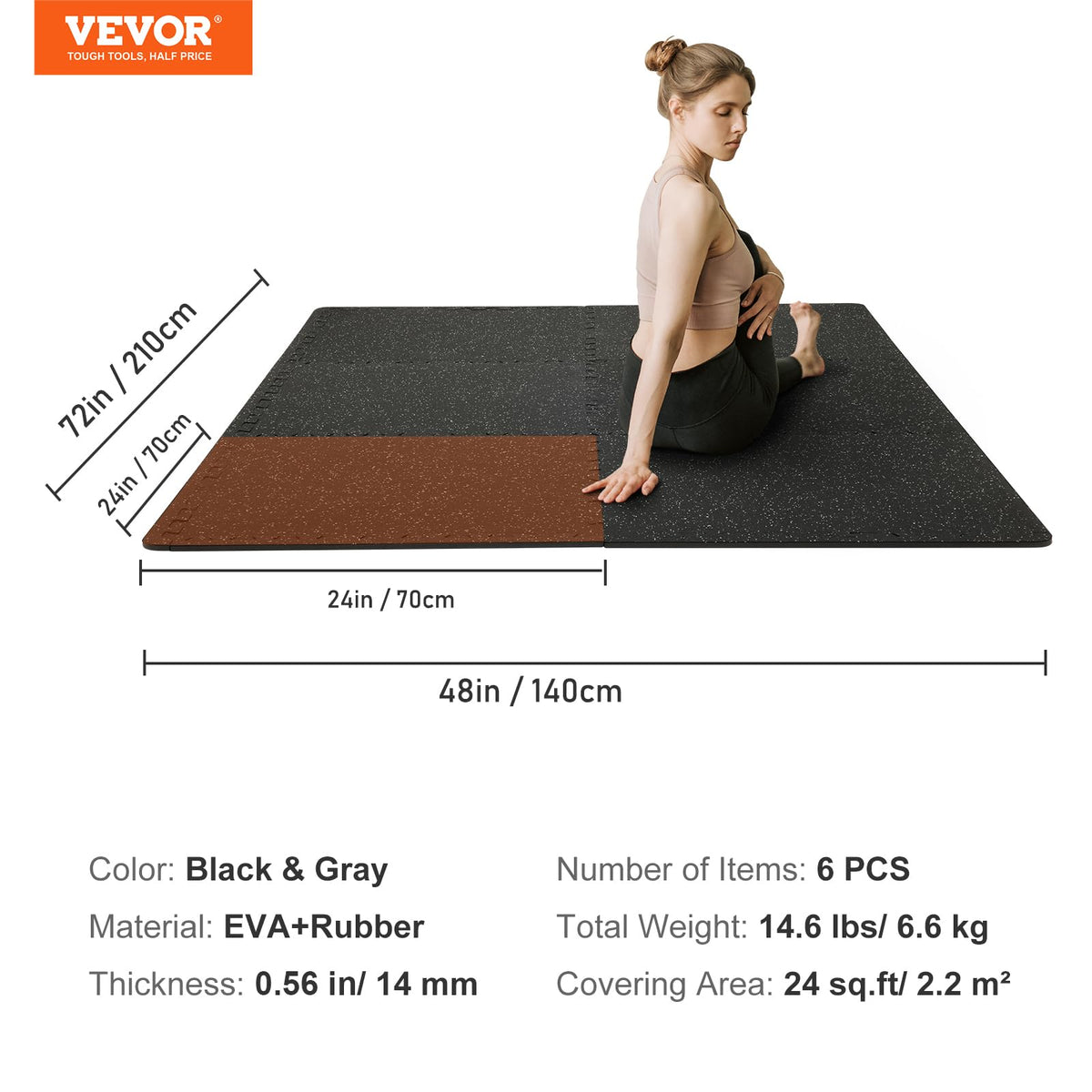 VEVOR 0.56Inch 48sq.ft 12 Tiles Gym Flooring for Home Gym, Rubber Top with High Density EVA Foam, 25 x 25In Gym Floor Exercise Equipment Mats, Interlocking Gym Mats, Puzzle Workout Mats, Black & Gray