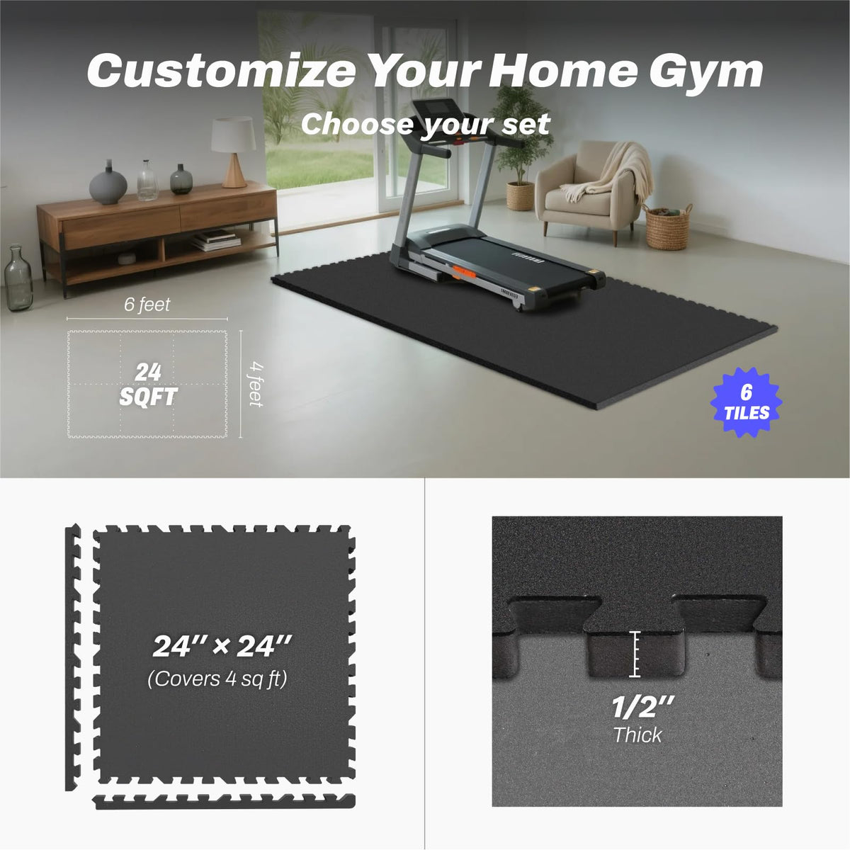 AIRHOP 1/2" Thick 48 Sq Ft Gym Flooring for Home Gym, Rubber Top Gym Mats