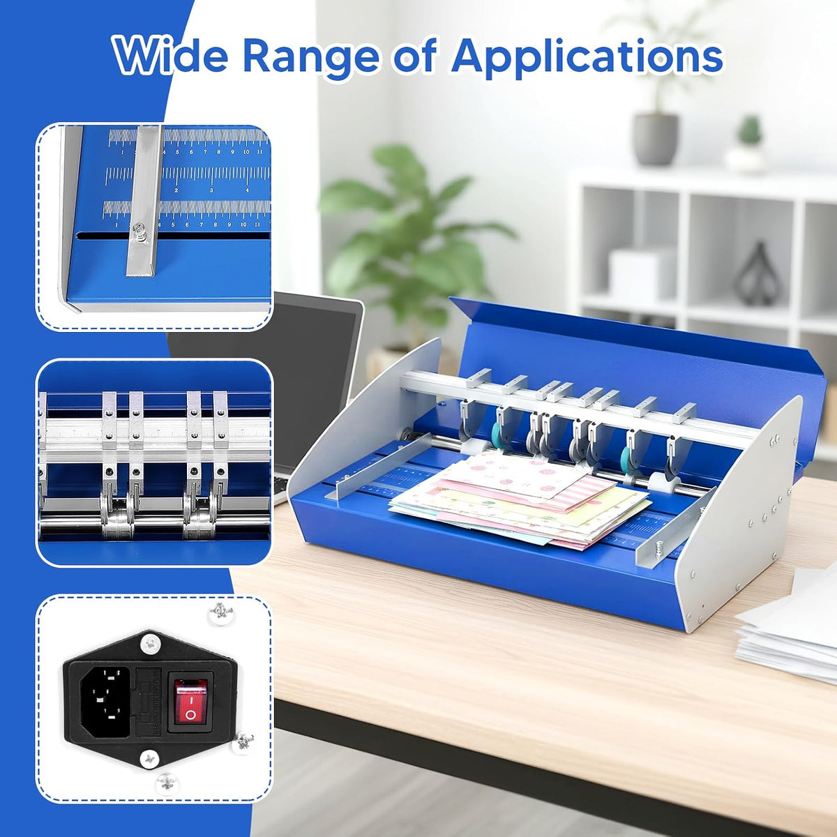 Electric Paper Creaser Tool 460mm, 3-in-1 Paper Folding Machines with Hole Punch, 110V Steel Paper Creaser Adjustable Depth 8 Dies Dual Guides for Cardstock, Invitation, Menu