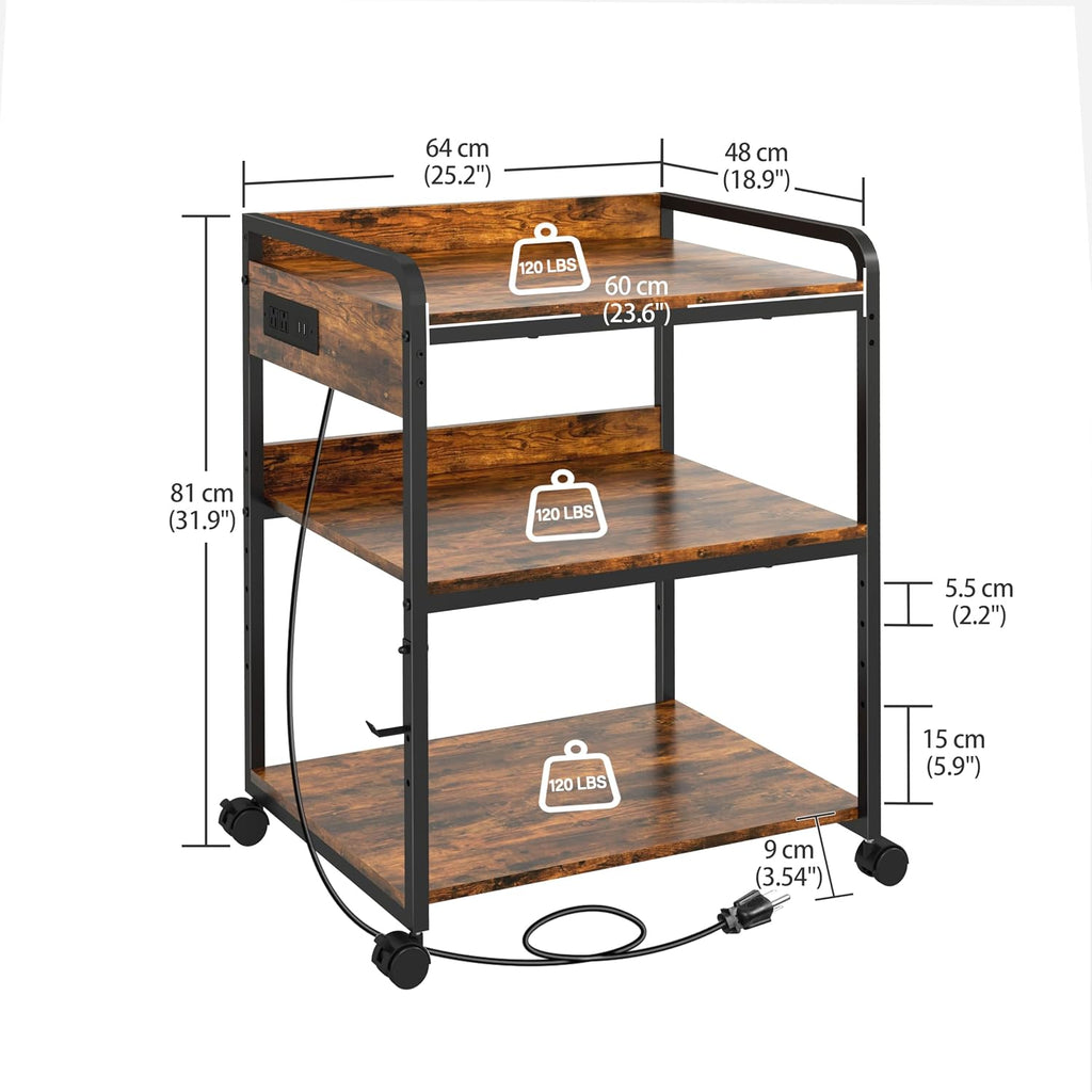 3-Tier Large Printer Stand with Power Outlet and Adjustable Storage Shelf