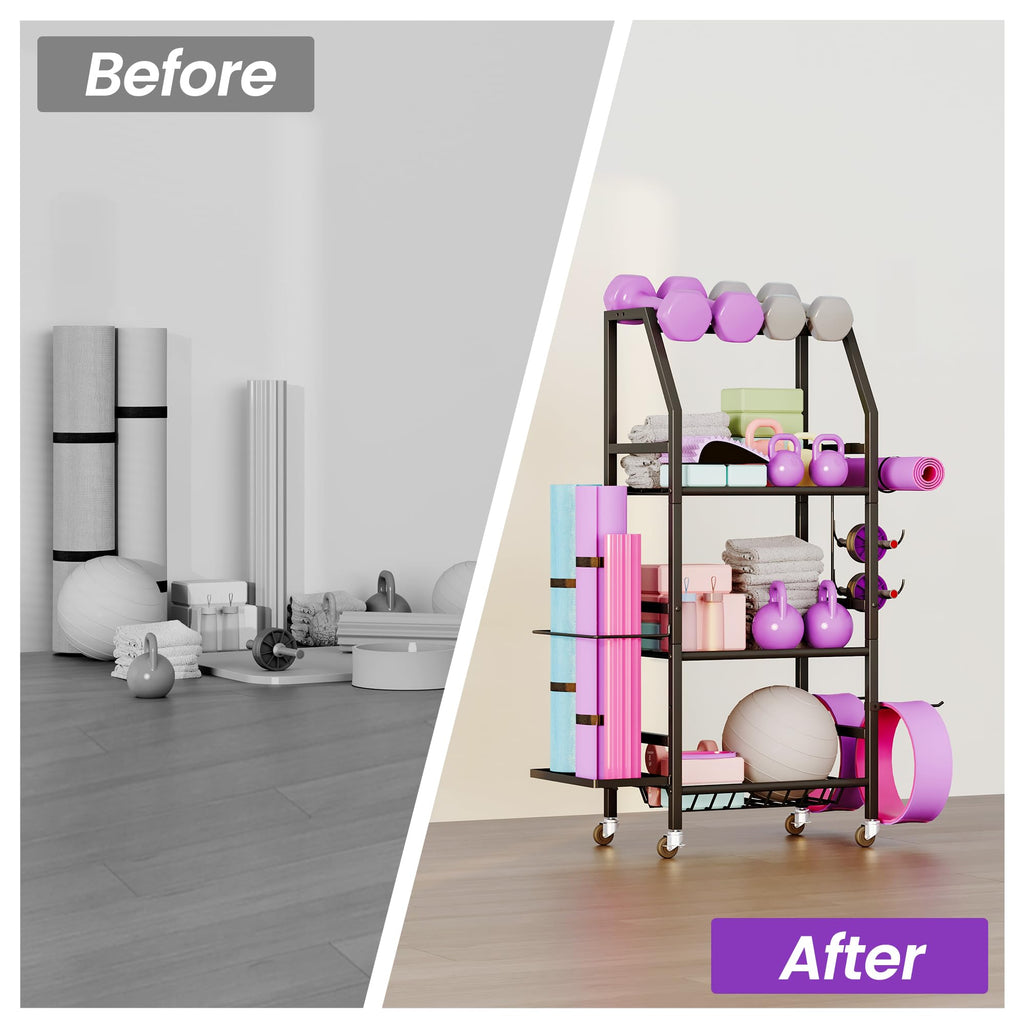 Homeiju Dumbbell Rack, Weight Rack for Home Gym, Yoga Mat Storage Holder with Lockable Wheels, Dumbbell Stand with Hooks, All in One Work out Equipment Storage for Yoga Mat Dumbbell and Balls