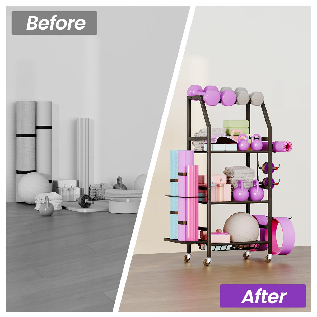 Homeiju Dumbbell Rack, Weight Rack for Home Gym, Yoga Mat Storage Holder with Lockable Wheels, Dumbbell Stand with Hooks, All in One Work out Equipment Storage for Yoga Mat Dumbbell and Balls