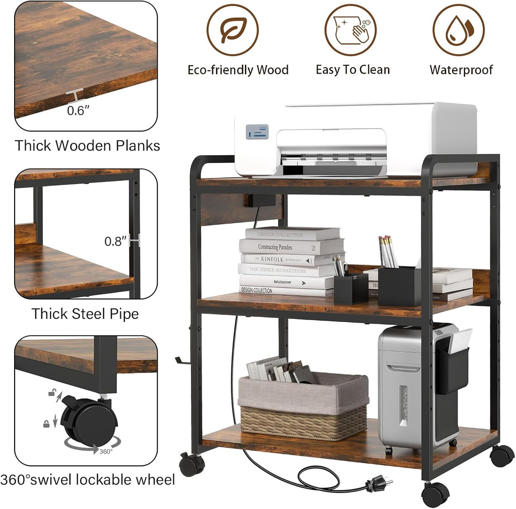 3-Tier Large Printer Stand with Power Outlet and Adjustable Storage Shelf