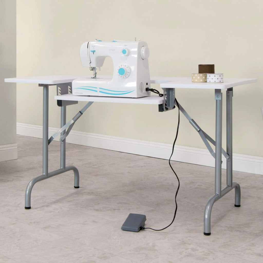 Sew Ready Folding Multipurpose Sewing Table - 47.5" W x 28" D Foldable White Hobby and Sewing Machine Table with Adjustable Shelf - Can Also Be Used as Computer Desk