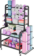 Homeiju Dumbbell Rack, Weight Rack for Home Gym, Yoga Mat Storage Holder with Lockable Wheels, Dumbbell Stand with Hooks, All in One Work out Equipment Storage for Yoga Mat Dumbbell and Balls