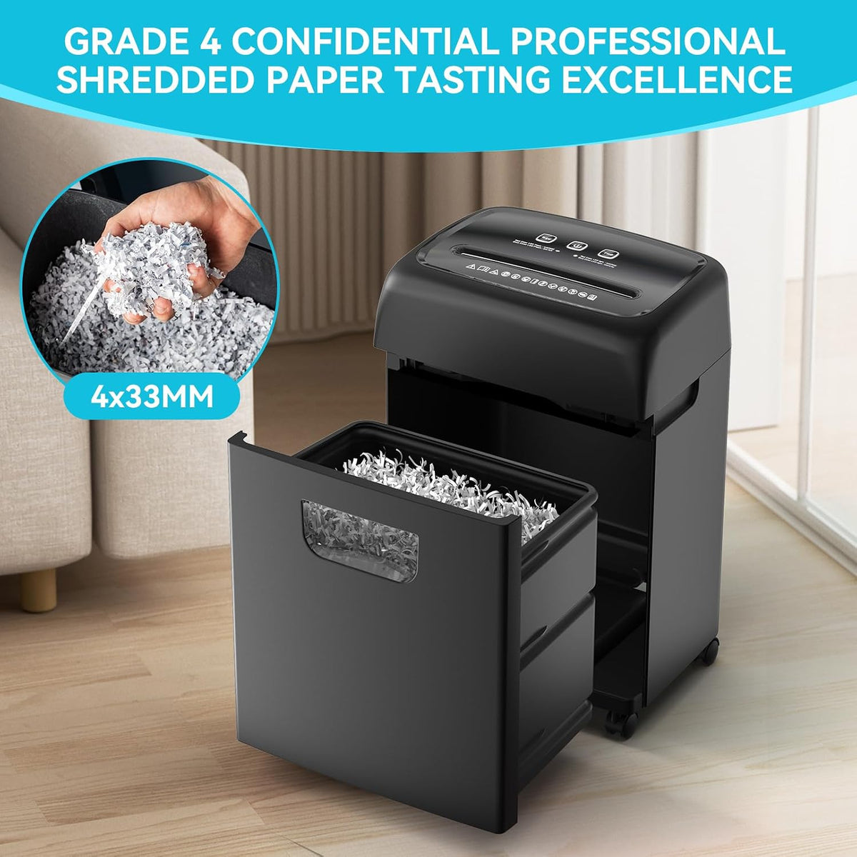 22-Sheet Heavy Duty Paper Shredder P-4 High Security Cross Cut 56 dB Ultra Quiet 9.24 Gallon Pull-Out Waste Bin for Home Office Commercial Use Shreds Cardboard Paper Credit Cards 20-Minute Run Time