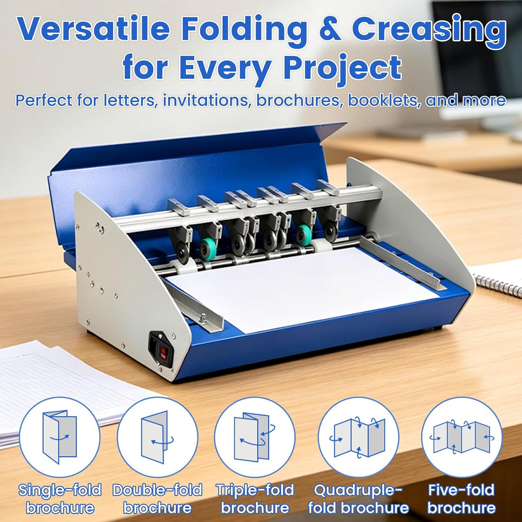 3-in-1 Electric Creasing Machine with Scale Ruler, Business Card Cutter, 18In Wide Paper Folding Machine, 35r/min Paper Creaser Perforator Cutter Folder (Blue)