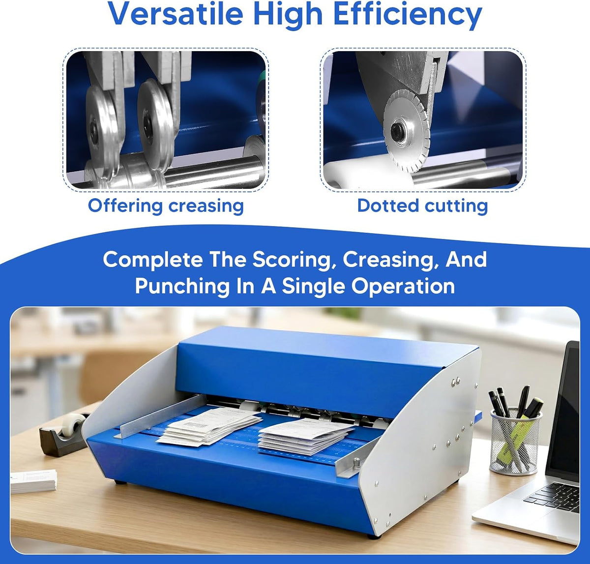 Electric Paper Creaser Tool 460mm, 3-in-1 Paper Folding Machines with Hole Punch, 110V Steel Paper Creaser Adjustable Depth 8 Dies Dual Guides for Cardstock, Invitation, Menu