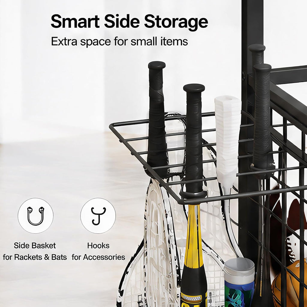 Ball Storage Rack Garage Sports Equipment Organizer with Hooks,Black