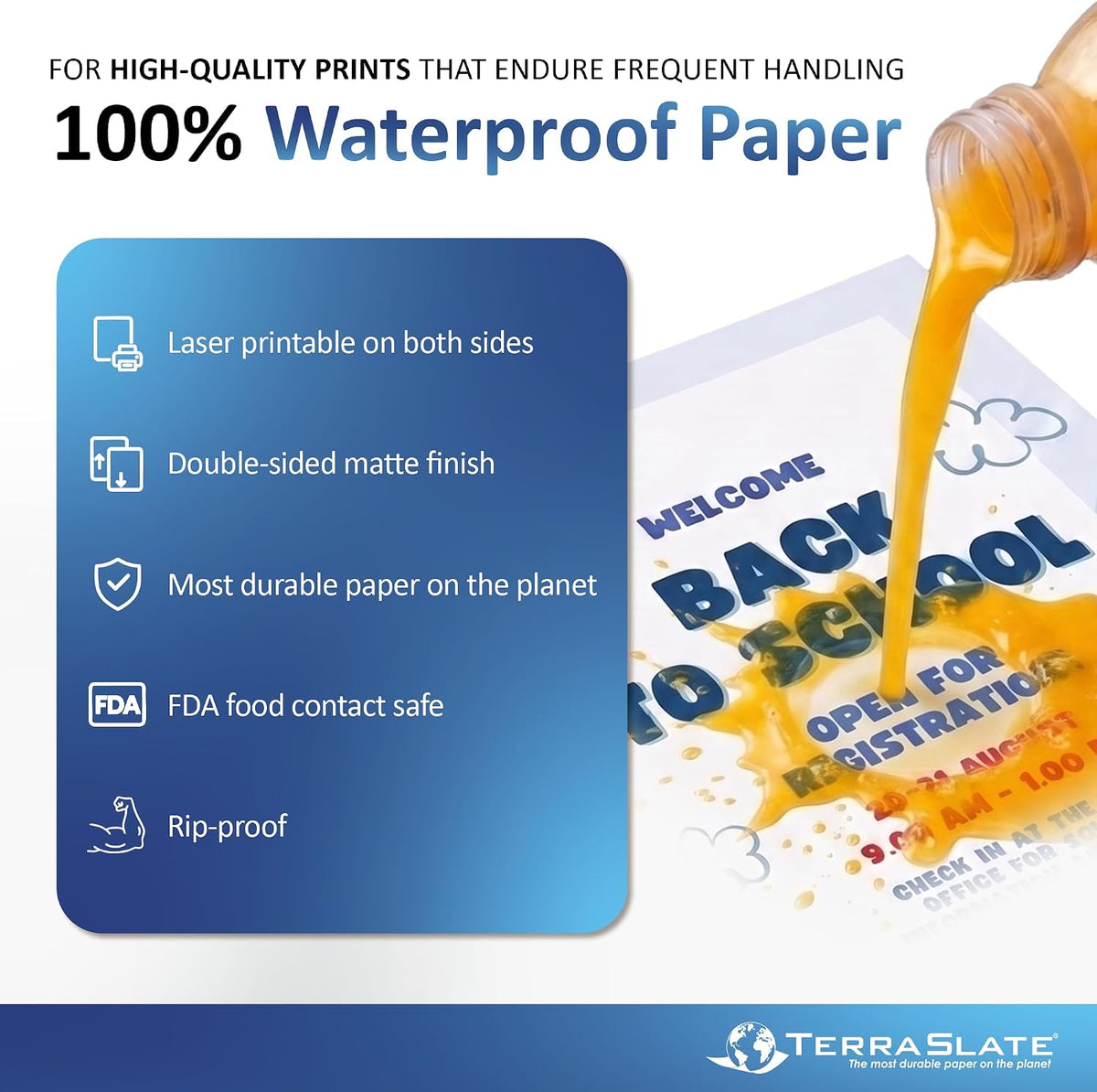 TerraSlate Premium Waterproof Paper, 5 Mil 8.5â x 11â, Laser Printer & Copy Machine Compatible, Durable & Rain/Weather-Proof Copy Paper, White Paper (100 Sheets)