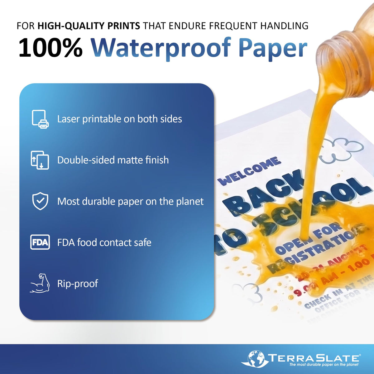 TerraSlate Premium Waterproof Paper, 5 Mil 8.5â x 11â, Laser Printer & Copy Machine Compatible, Durable & Rain/Weather-Proof Copy Paper, White Paper (100 Sheets)