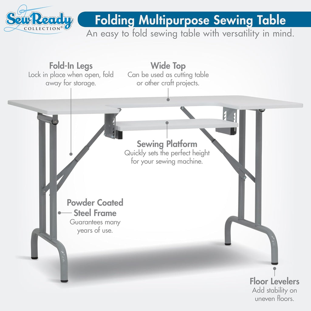 Sew Ready Folding Multipurpose Sewing Table - 47.5" W x 28" D Foldable White Hobby and Sewing Machine Table with Adjustable Shelf - Can Also Be Used as Computer Desk
